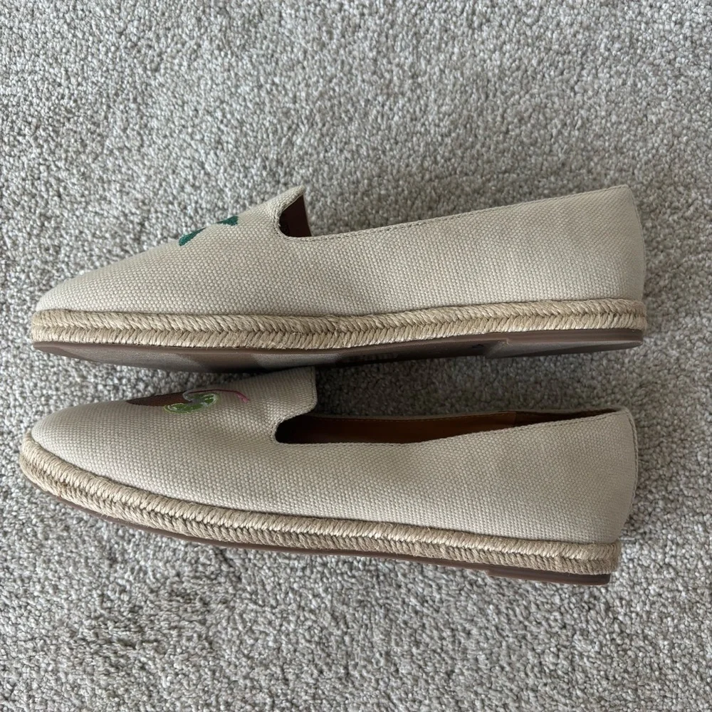J. Crew Tropical Embroidered Tan Espadrilles Slip On Loafer Palm Tree Cocktail